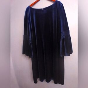 Elegant Navy Blue‎ Velvet Dress with Bell Sleeves - Party Cocktail Evening Wear